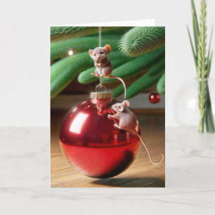 Mice On a Red Christmas Ornament  Holiday Card