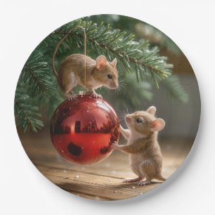 Mice On a Red Christmas Ornament Paper Plate