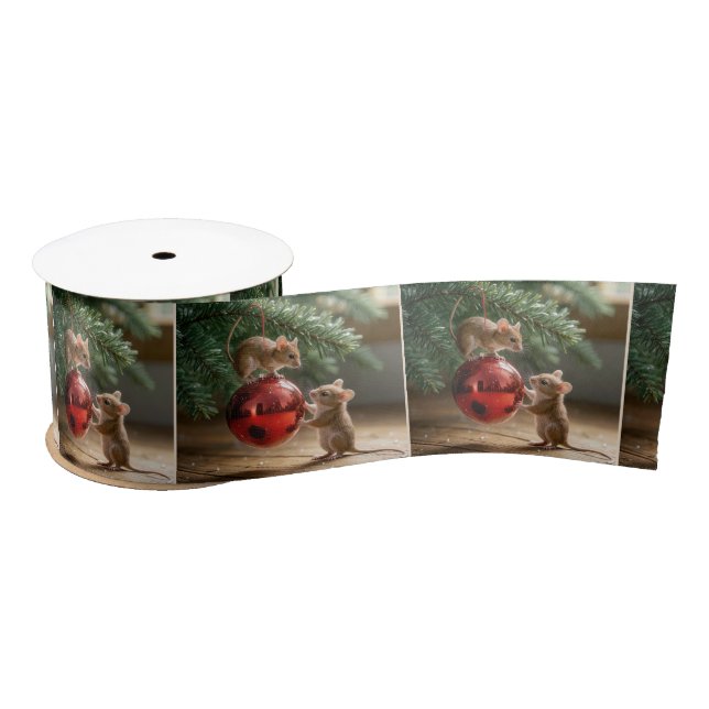 Mice On a Red Christmas Ornament Satin Ribbon (Spool)