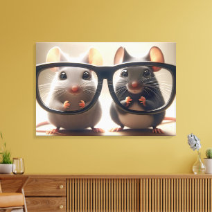 Mice Peering From Behind Black Eyeglasses Canvas Print