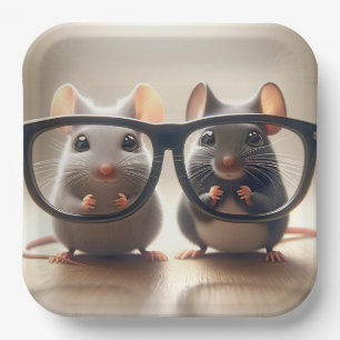 Mice Peering From Behind Black Eyeglasses Paper Plate
