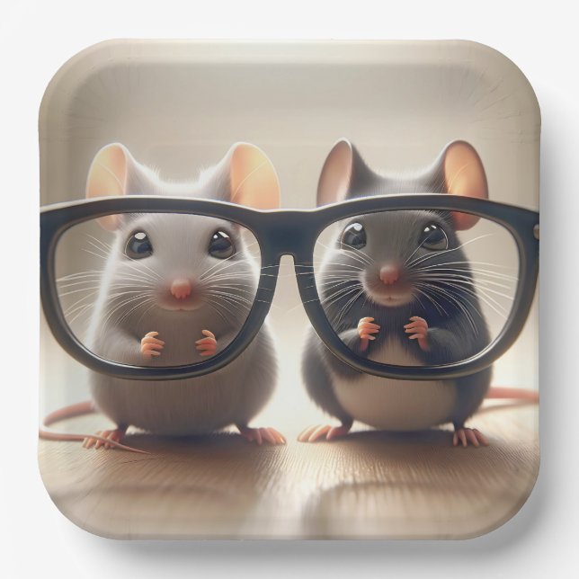 Mice Peering From Behind Black Eyeglasses Paper Plate (Front)