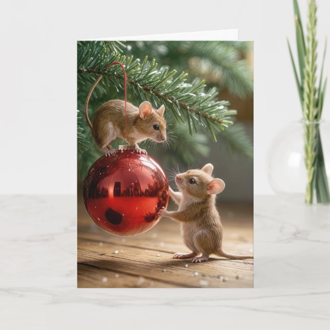 Mice Playing With a Christmas Ornament Holiday Card (Front)