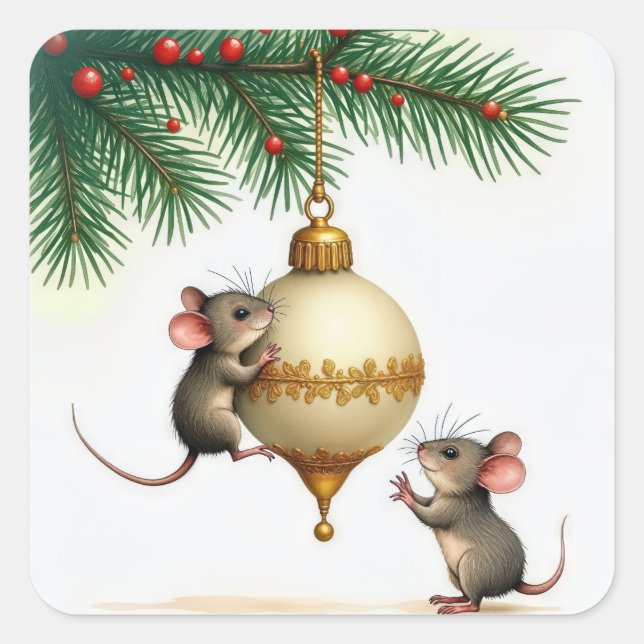 Mice With Gold Christmas Ornament Square Sticker (Front)