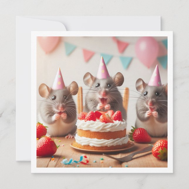 Mice with party hats, mouse birthday invitation (Front)