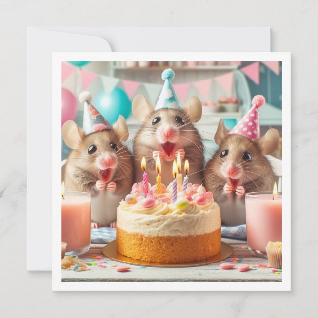 Mice with party hats, mouse birthday invitation (Front)