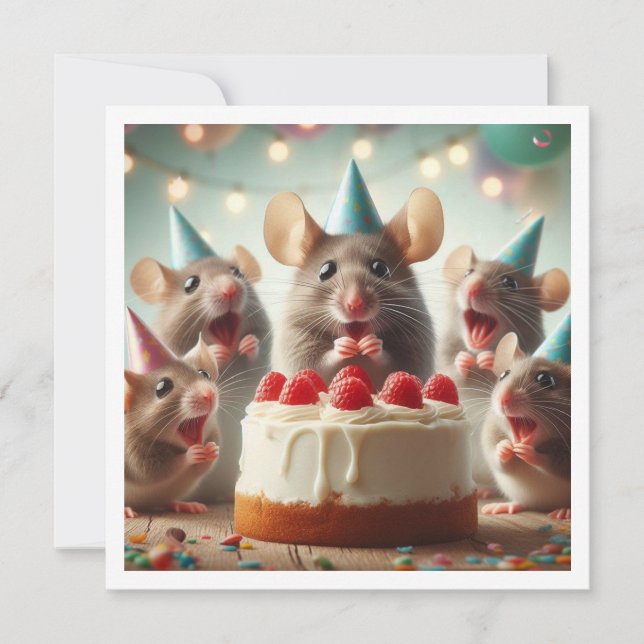 Mice with party hats, mouse birthday invitation (Front)