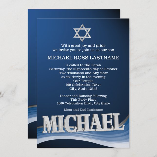 Michael Steel Wave Name Bar Mitzvah Invitation (Front/Back)