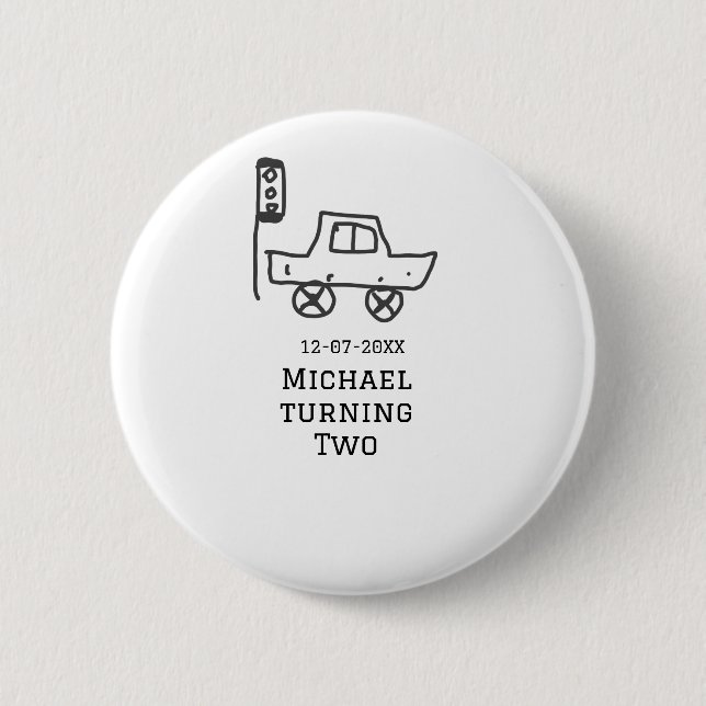Michael turning two birthday toy car traffic light 6 cm round badge (Front)