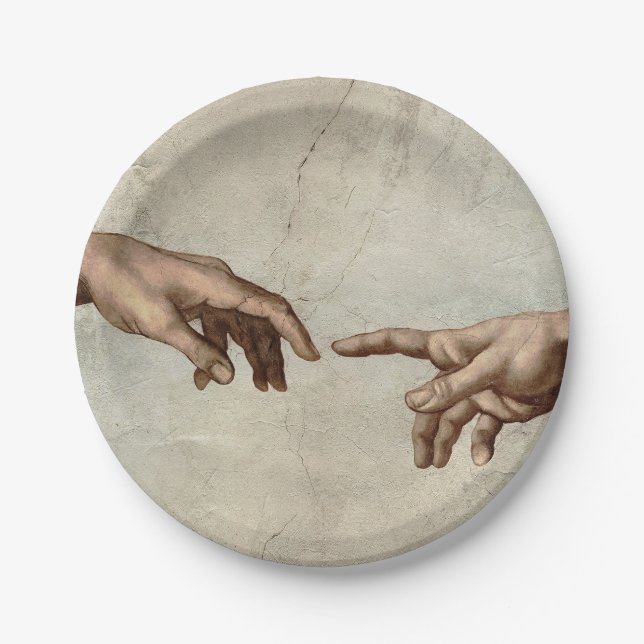 Michaelangelo hands creation adam god paper plate (Front)