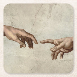 Michaelangelo hands creation adam god square paper coaster