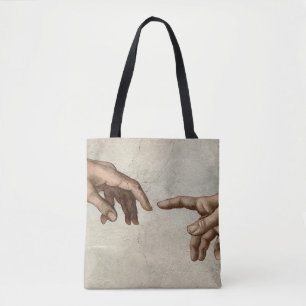 Michaelangelo hands creation adam god tote bag