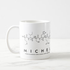Mug featuring the name Michel spelled out in the single letter amino acid code