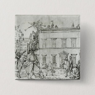 Michelangelo on horseback, visiting an artist 15 cm square badge