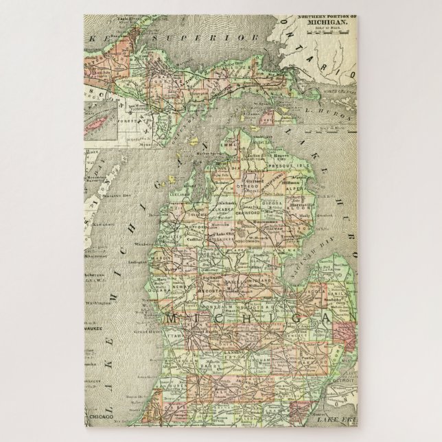 Michigan Antique Map Colourful State Norther UP Jigsaw Puzzle (Vertical)