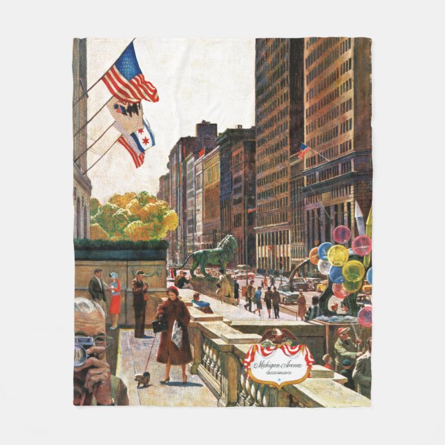 Michigan Avenue, Chicago by John Falter Fleece Blanket (Front)