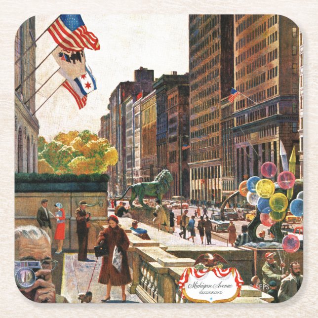 Michigan Avenue, Chicago by John Falter Square Paper Coaster (Front)
