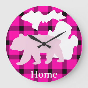 Michigan Bear Home in Buffalo Plaid Large Clock