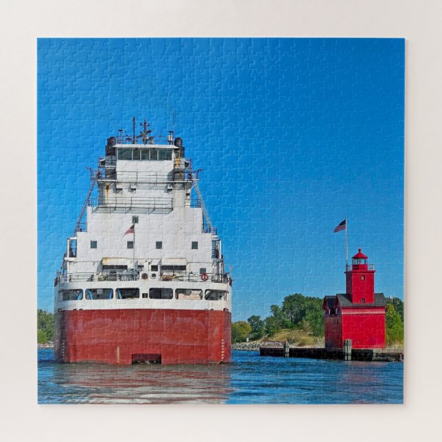 Michigan Big Red Lighthouse and a Freighter Jigsaw Puzzle (Horizontal)