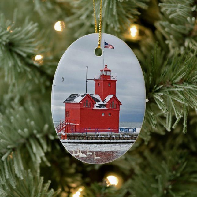 Michigan Big Red Lighthouse With Swans Ceramic Tree Decoration (Tree)