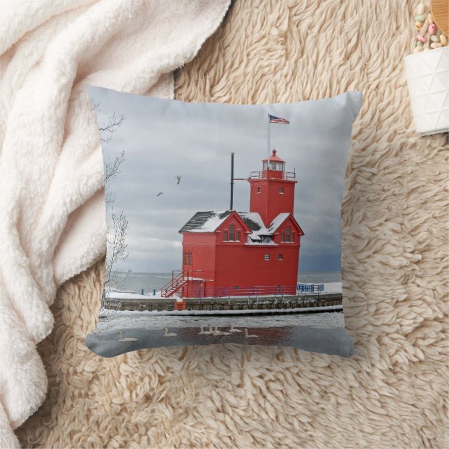 Michigan Big Red Lighthouse With Winter Swans Cushion (Blanket)