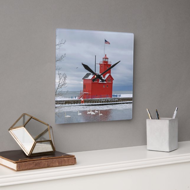 Michigan Big Red Lighthouse With Winter Swans Square Wall Clock (Office)