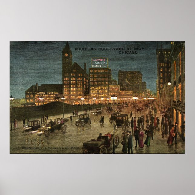 Michigan Boulevard at Night, Chicago 1911 Postcard Poster (Front)