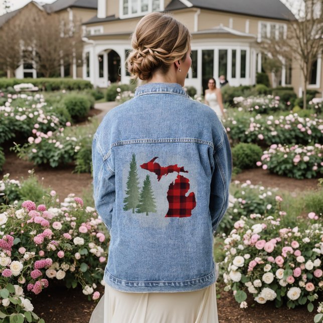 Michigan Buffalo Plaid Women's Denim Jacket (Wedding Back)