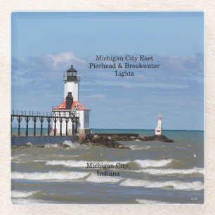 Michigan City East Pier & Bkw Lights glass coaster