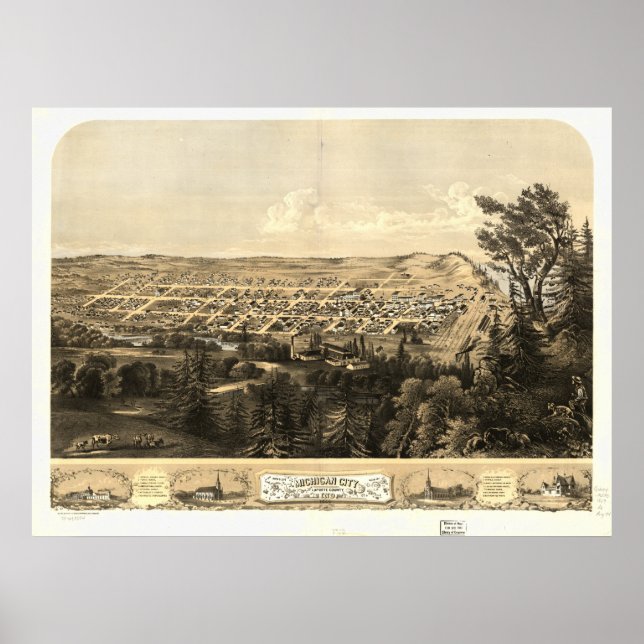 Michigan City Indiana 1868 Antique Panoramic Map Poster (Front)
