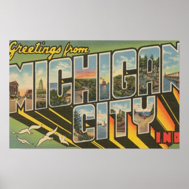 Michigan City, Indiana - Large Letter Scenes Poster (Front)