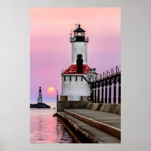 Michigan City Lighthouse and Sundown Sailboat Poster