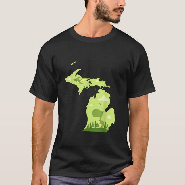 Michigan Cute T rex Dinosaur States Kids Gift T-Shirt (Front)
