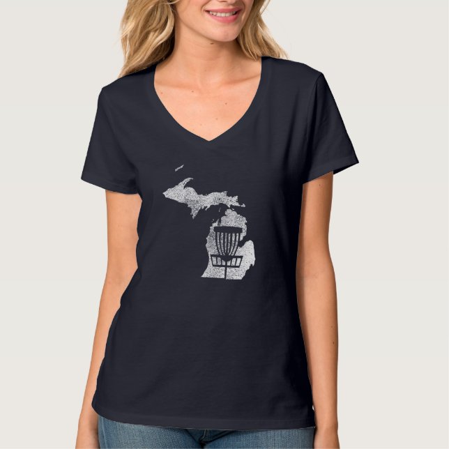 Michigan Disc Golf State with Basket Distressed Gr T-Shirt (Front)