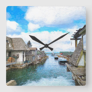 Michigan Fish Town Painting Square Wall Clock