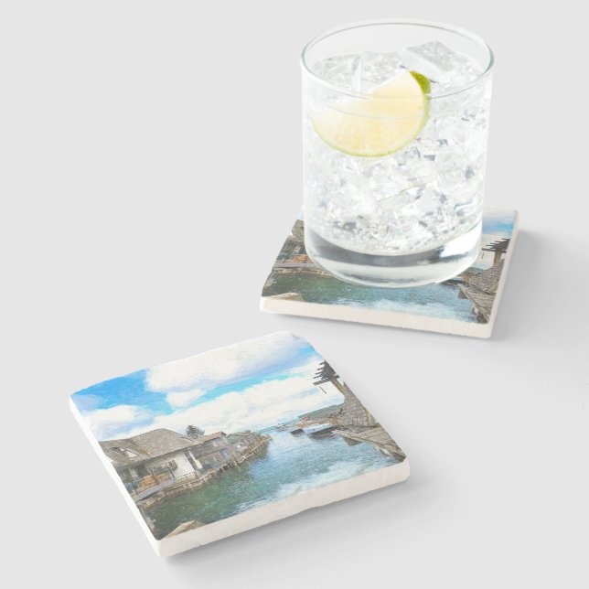 Michigan Fish Town Painting   Stone Coaster (Side)
