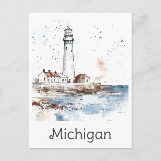Michigan Great Lakes Lighthouse Watercolor Travel Postcard (Front)