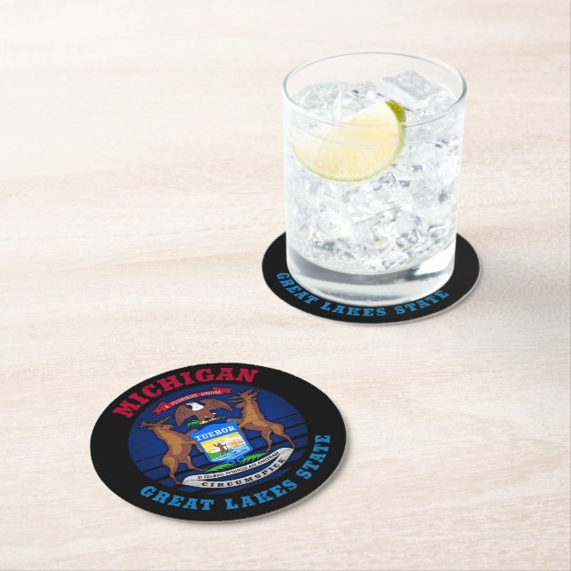 MICHIGAN GREAT LAKES STATE FLAG ROUND PAPER COASTER (Insitu)