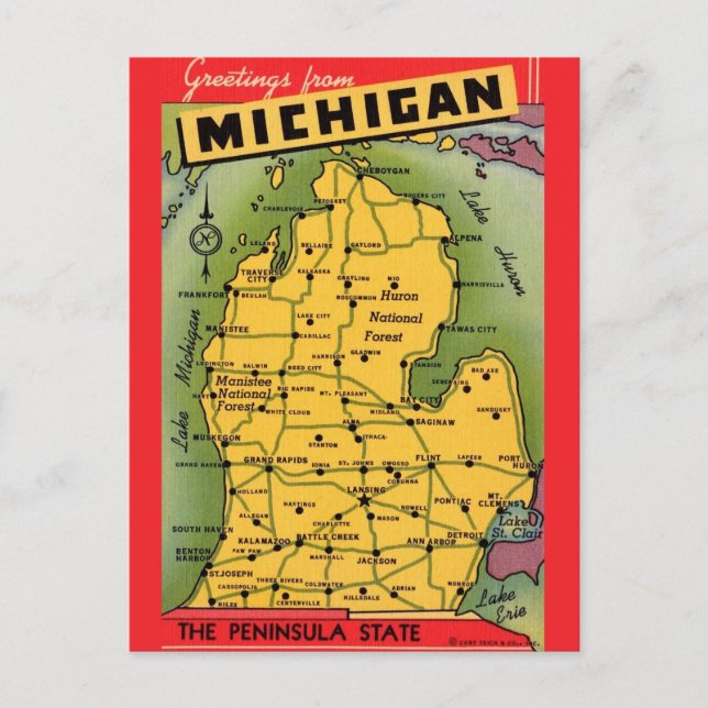Michigan Greeting Map Postcard (Front)