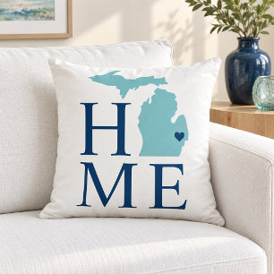 Michigan Home Aqua State Navy Text Cushion