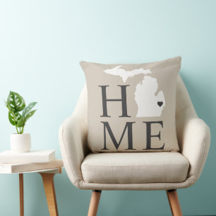 Michigan Home Beige White State Heart Cushion