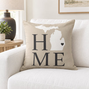 Michigan Home Beige White State Heart Cushion