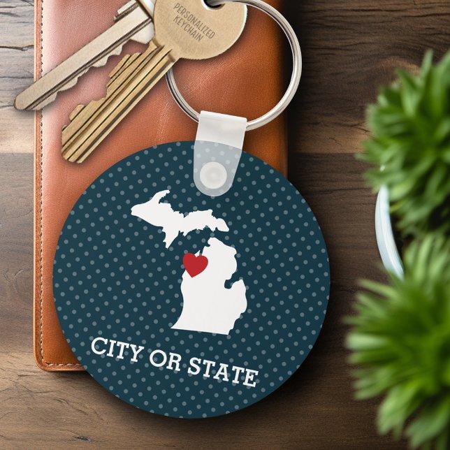 Michigan Home State City Map - Custom Heart Key Ring (Personalized Keychain - Michigan)