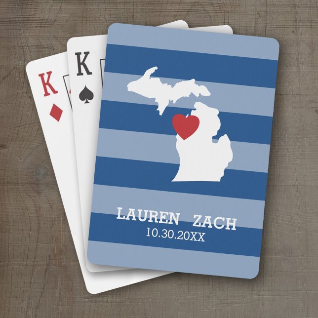Michigan Home State City Map - Custom Wedding Playing Cards (Personalized Playing Cards with a State Map, Movable Heart and Name)