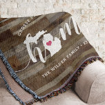 Michigan Home State Personalized Rustic Wood Look Throw Blanket<br><div class="desc">Show some home state pride with this cute rustic faux wood plank throw blanket featuring "home" in white calligraphy script lettering with a silhouette map of the state of Michigan standing in for the letter "O." A pink heart illustration inside the state map completes the design; you can change the...</div>