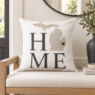 Michigan Home White Beige State Heart Cushion