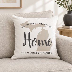 Michigan Home White Script Family Monogram Cushion