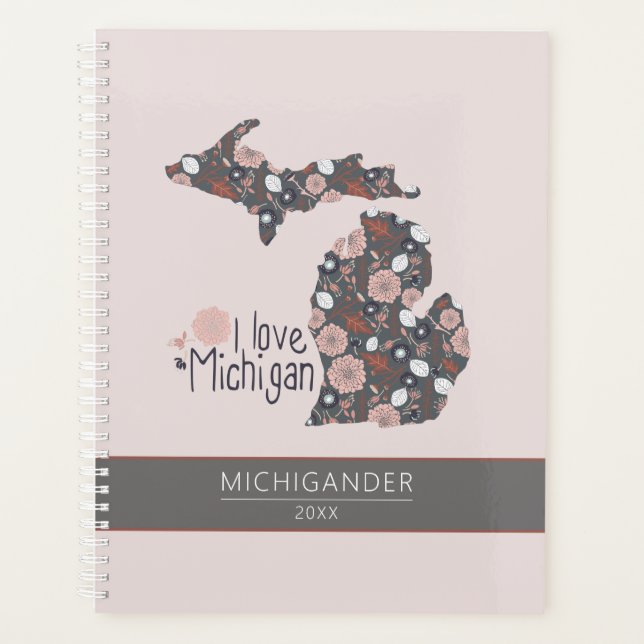 Michigan I Love Pink Brown Pattern Floral Planner (Front)