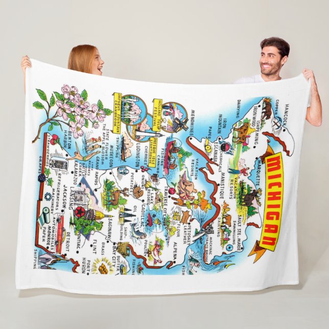 Michigan Illustrated Map Fleece Throw Blanket (In Situ)