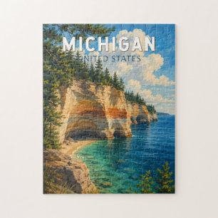 Michigan Illustration Travel Art Vintage Jigsaw Puzzle